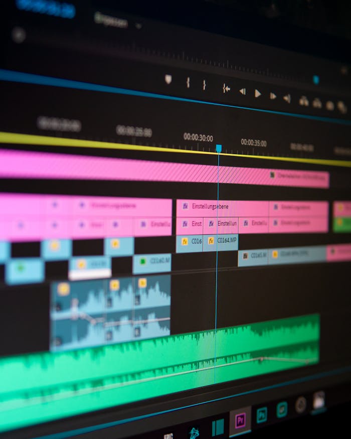 Close-up of a video editing timeline on a professional software interface.
